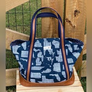 Blue Canvas w/ US state print and Venetian Brown Leather Tote Bag
